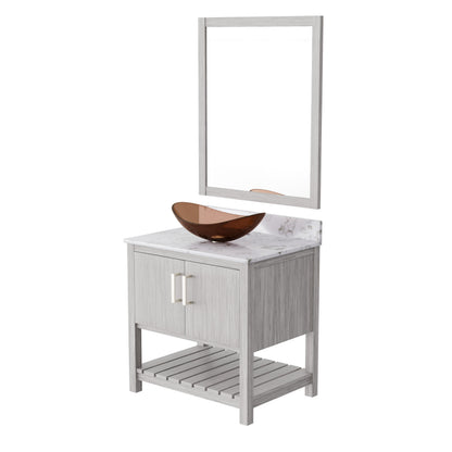 Novatto 30-inch bath vanity with café mocha quartz countertop and integrated sink, modern bathroom accessory.