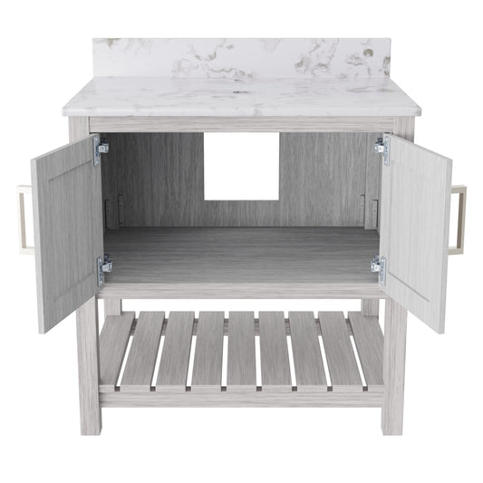 30-inch Novatto vanity with café mocha quartz countertop, showcasing sleek design and modern bathroom accessory.
