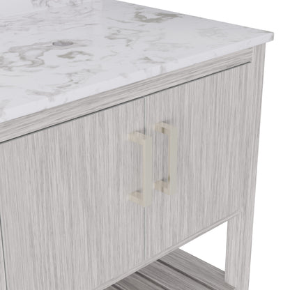 30-inch vanity with Café Mocha quartz countertop by Novatto, featuring a sleek bathroom accessory with modern design.