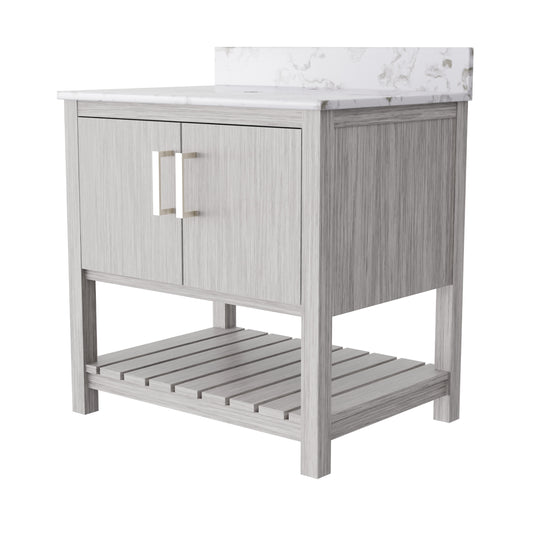 30-inch Novatto vanity with café mocha quartz countertop, showcasing sleek design and high-quality bathroom accessory.