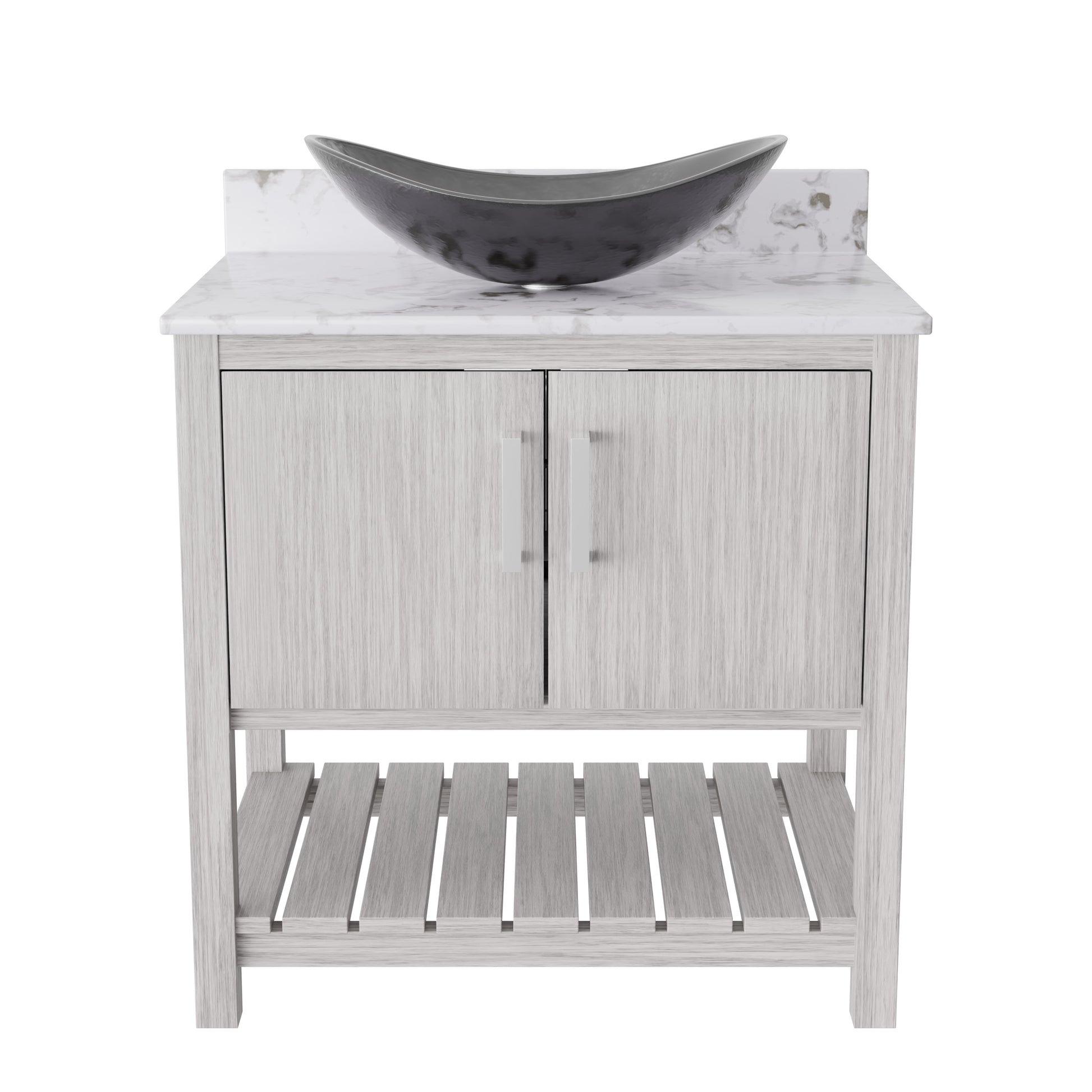 30-inch Novatto bath vanity with café mocha quartz countertop and sink, showcasing the elegant bathroom accessory.
