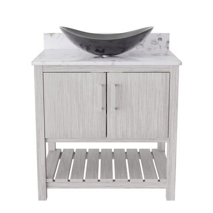 30-inch Novatto bath vanity with café mocha quartz countertop and sink, showcasing the elegant bathroom accessory.