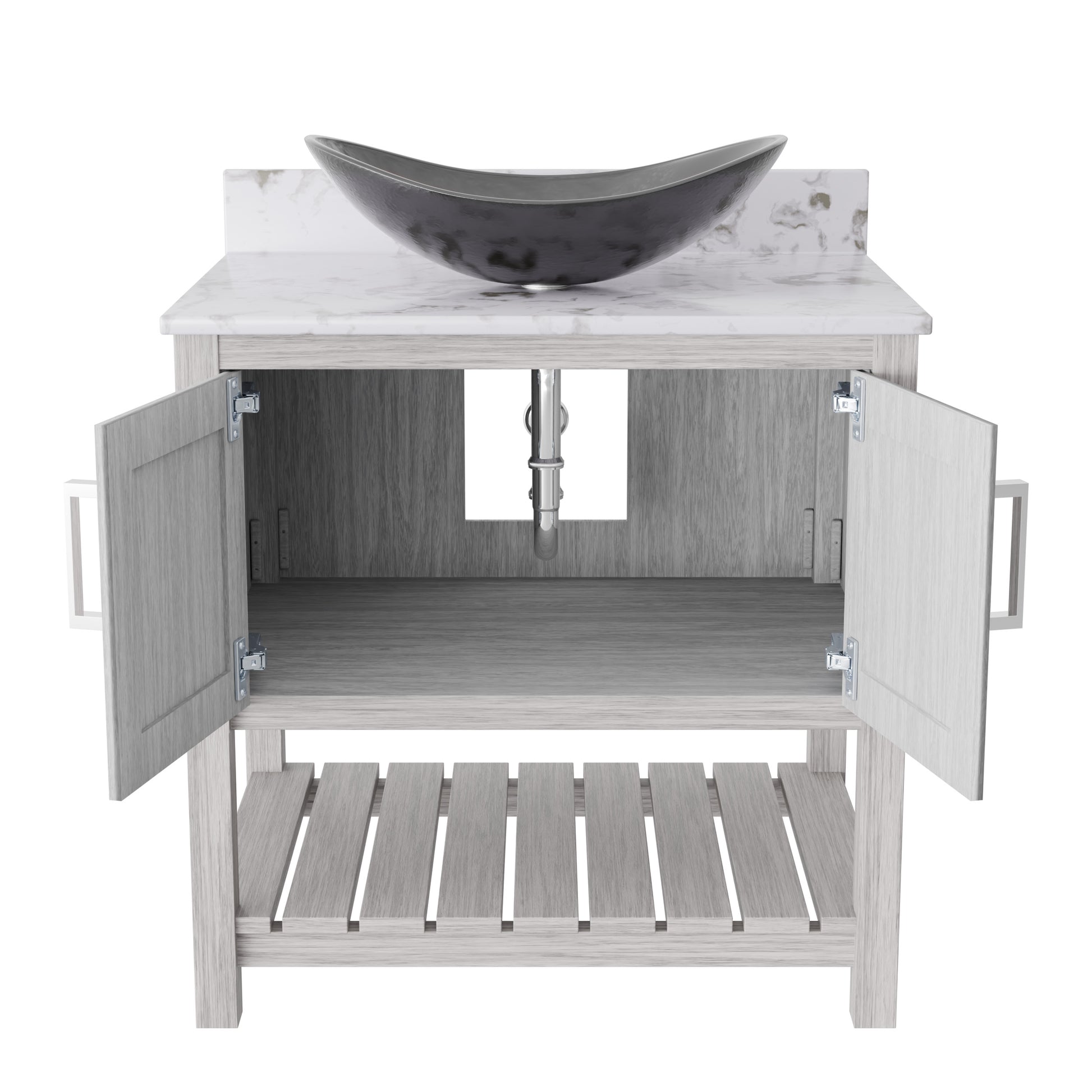 30-inch Novatto bath vanity with café mocha quartz countertop and integrated sink, showcasing sleek bathroom accessory design.