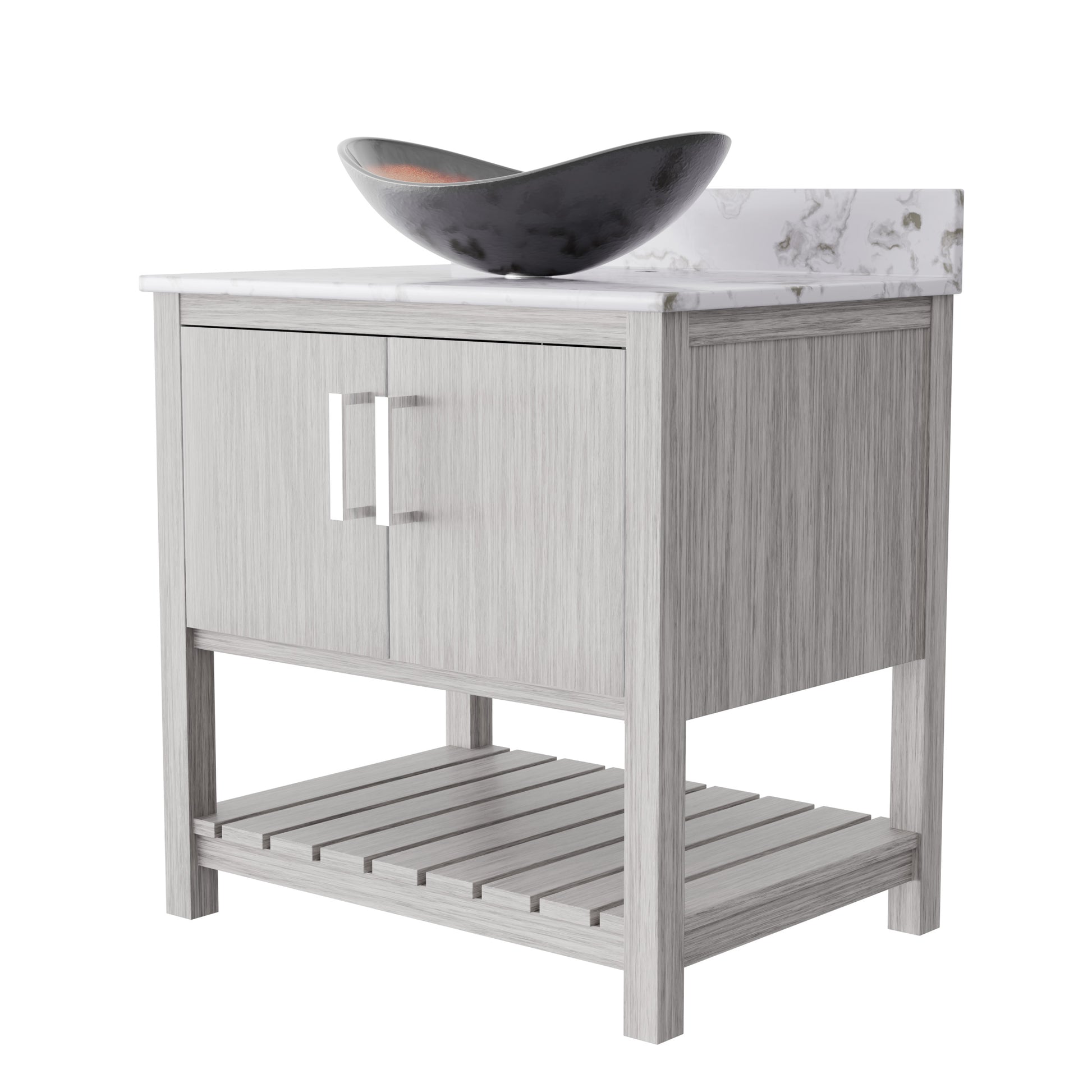 30-inch Novatto bath vanity with café mocha quartz countertop and integrated sink, showcasing sleek bathroom accessory design