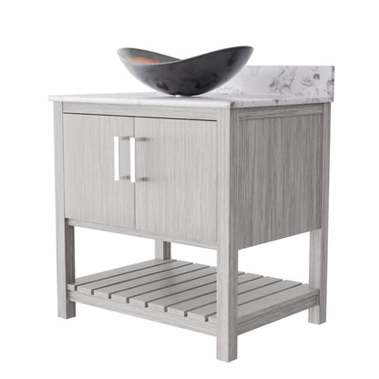 30-inch Novatto bath vanity with café mocha quartz countertop and integrated sink, showcasing sleek bathroom accessory design