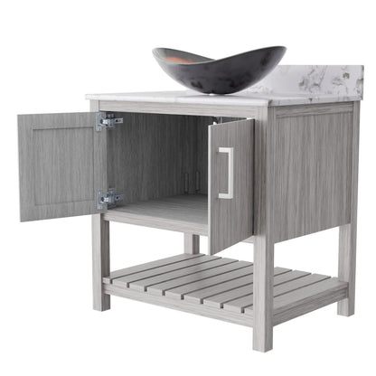 30-inch Novatto bath vanity with café mocha quartz countertop and sink, showcasing sleek bathroom accessory design.