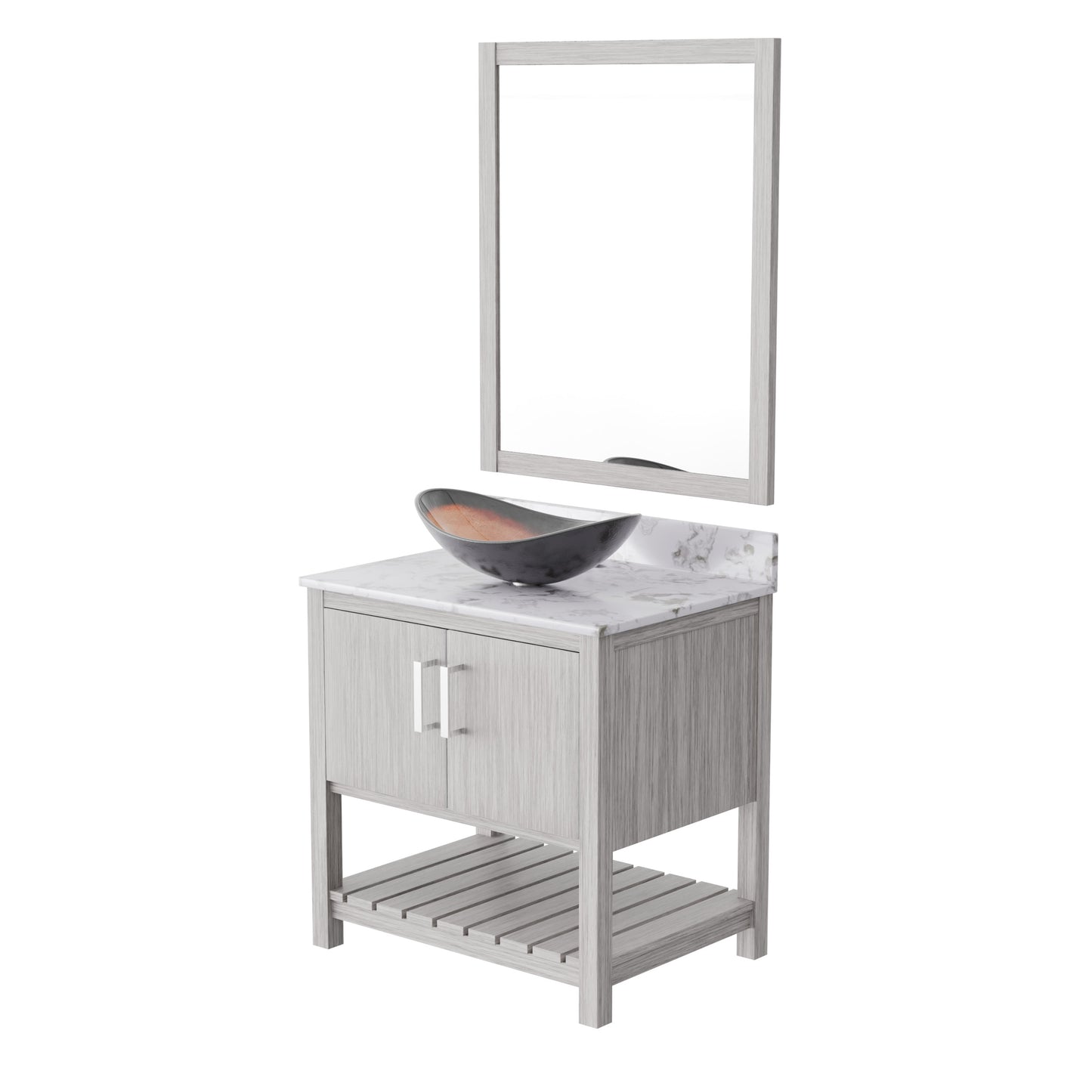 30-inch Novatto bath vanity with café mocha quartz countertop and integrated sink, showcasing elegant bathroom accessory design.