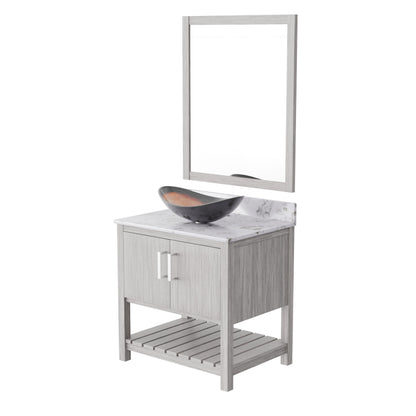 30-inch Novatto bath vanity with café mocha quartz countertop and integrated sink, showcasing elegant bathroom accessory design.