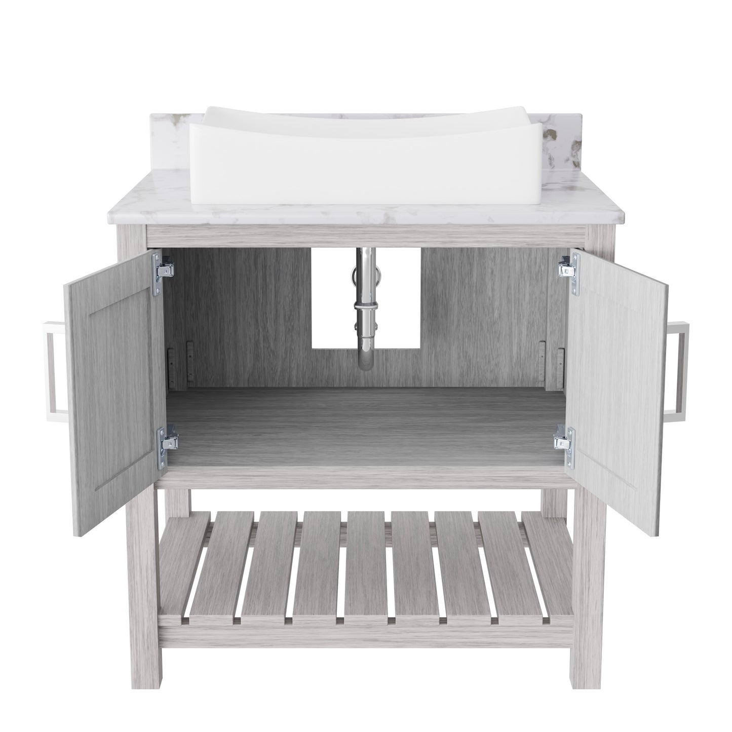 30-inch Novatto bath vanity with café mocha quartz countertop and sink, showcasing its elegant design and natural stone finish.