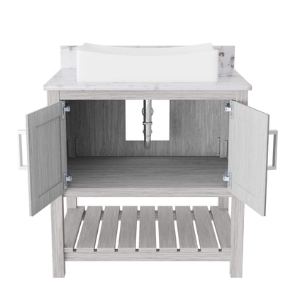 30-inch Novatto bath vanity with café mocha quartz countertop and sink, showcasing its elegant design and natural stone finish.