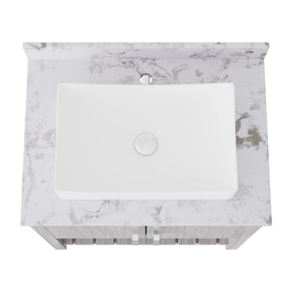 Novatto 30-inch bath vanity with café mocha quartz countertop and sink, showcasing sleek bathroom accessory design.