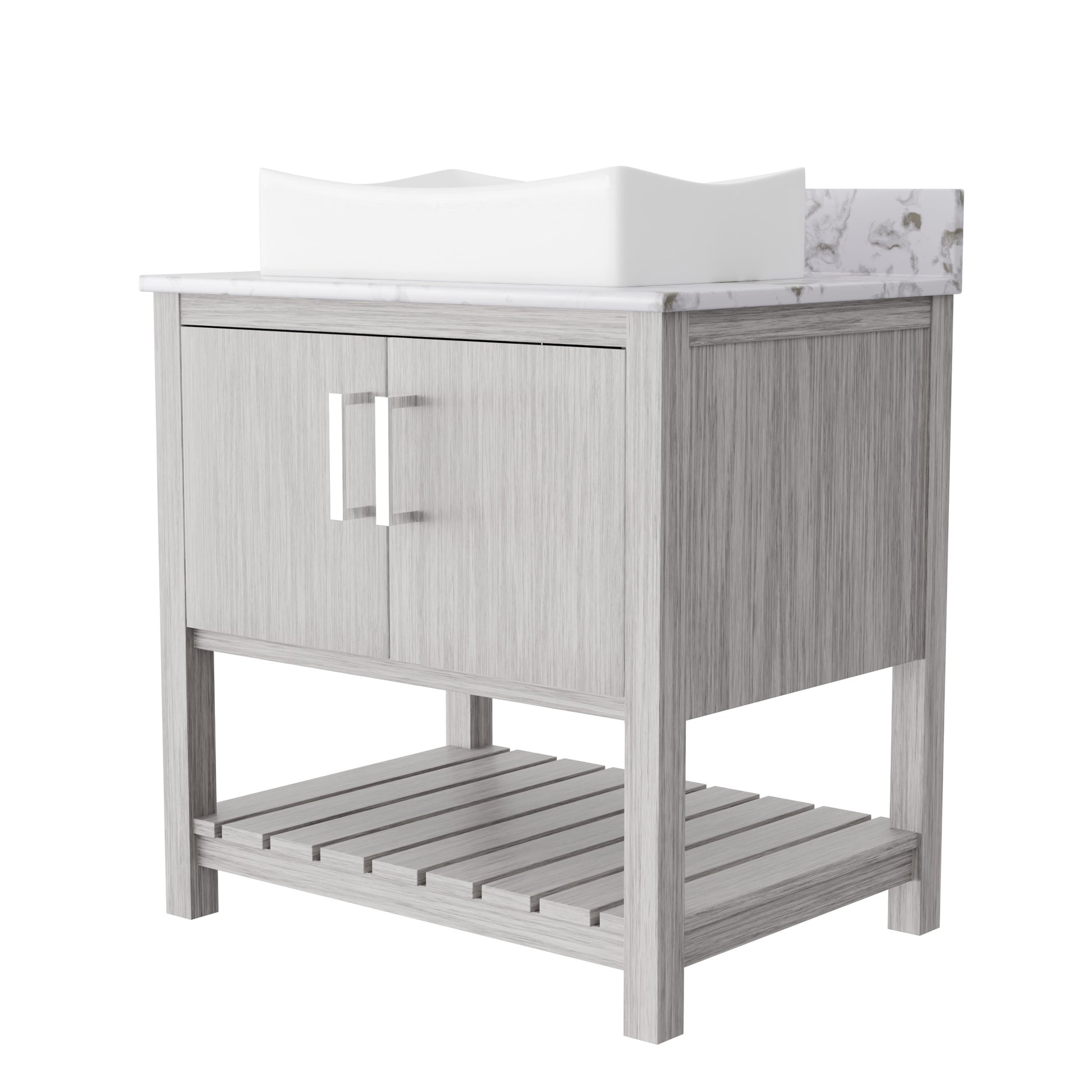 Novatto 30-inch bath vanity with café mocha quartz countertop and integrated sink, showcasing modern bathroom accessory design.