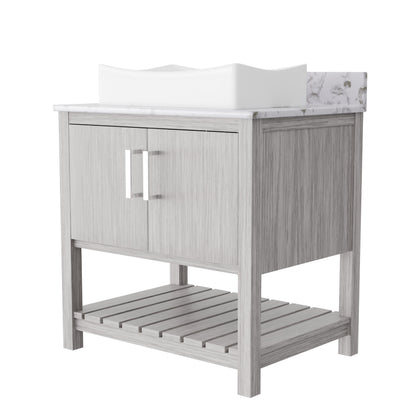 Novatto 30-inch bath vanity with café mocha quartz countertop and integrated sink, showcasing modern bathroom accessory design.