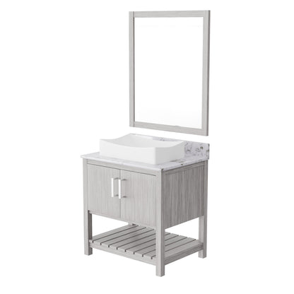Novatto 30-inch bath vanity with café mocha quartz countertop and integrated sink, showcasing modern bathroom accessory design.