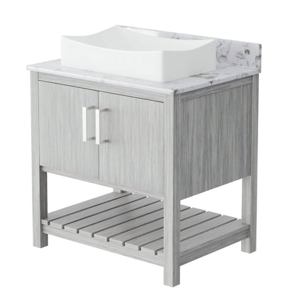 Novatto 30-inch bath vanity with café mocha quartz countertop and sink, showcasing modern bathroom accessory design.