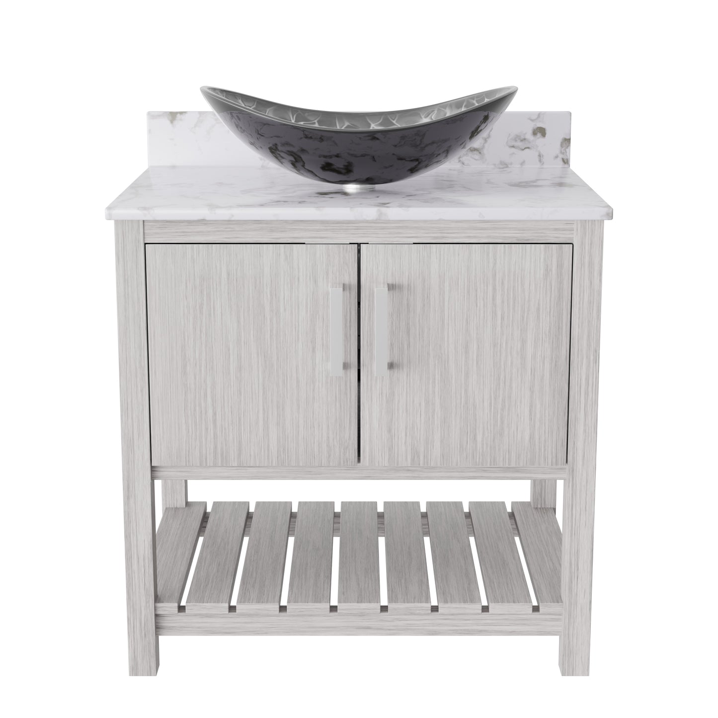 30-inch Novatto bathroom vanity with café mocha quartz counter and integrated sink, showcasing modern design and durable materials.