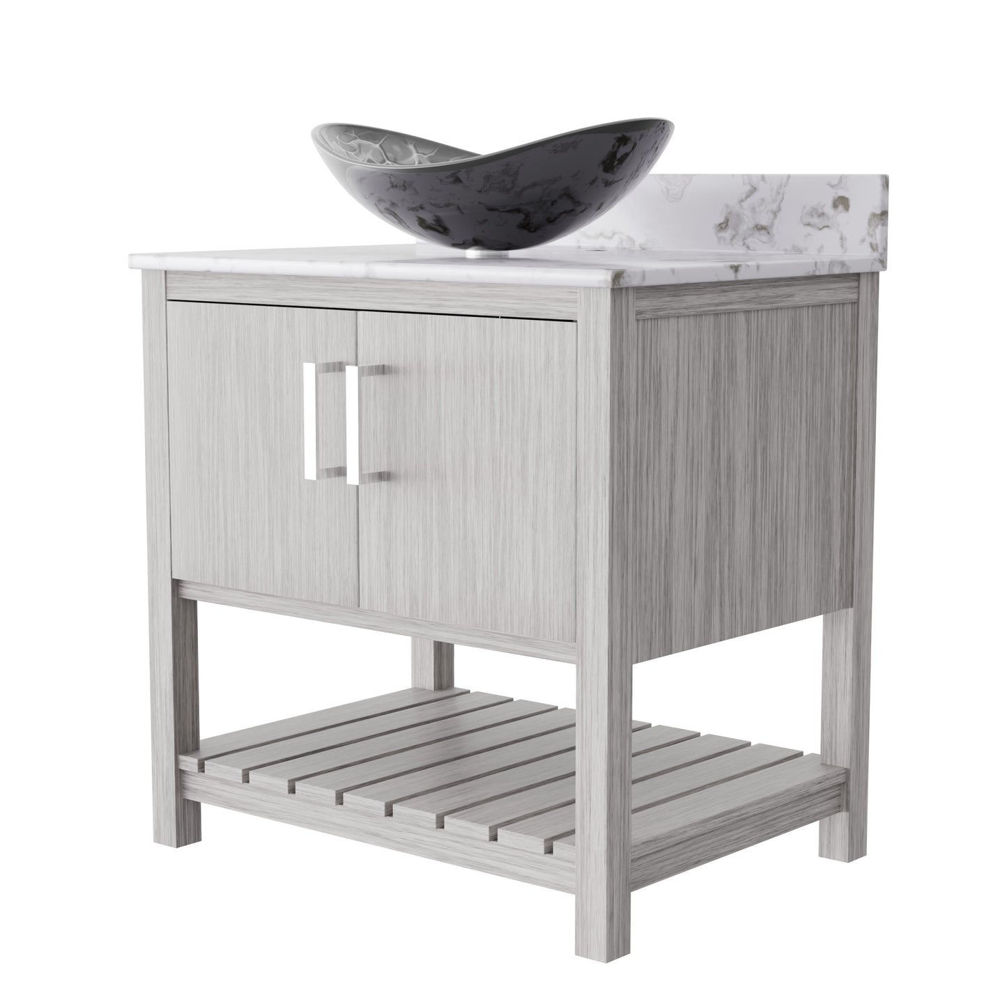 30-inch Novatto bath vanity with café mocha quartz countertop and integrated sink, showcasing modern bathroom accessory design.