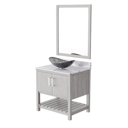 Novatto 30-inch bath vanity with café mocha quartz countertop and integrated sink, modern bathroom accessory setup.