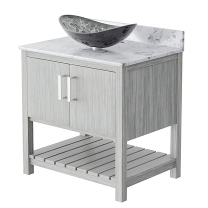 30-inch Novatto bath vanity with café mocha quartz countertop and sink, showcasing elegant bathroom accessory design.