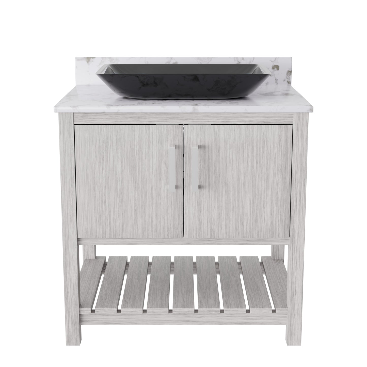 Novatto 30-inch bath vanity with café mocha quartz countertop and integrated sink, modern bathroom accessory.