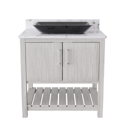 Novatto 30-inch bath vanity with café mocha quartz countertop and integrated sink, modern bathroom accessory.