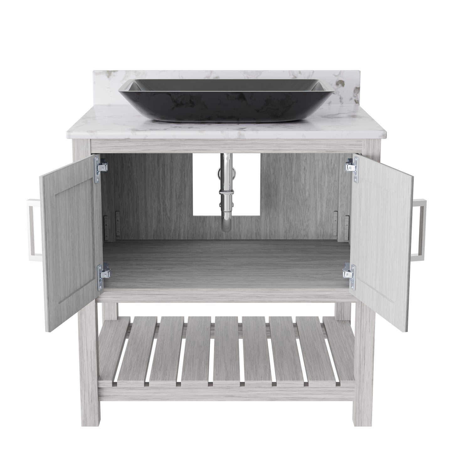 30-inch Novatto bath vanity with café mocha quartz countertop and integrated sink, showcasing modern bathroom accessory design.