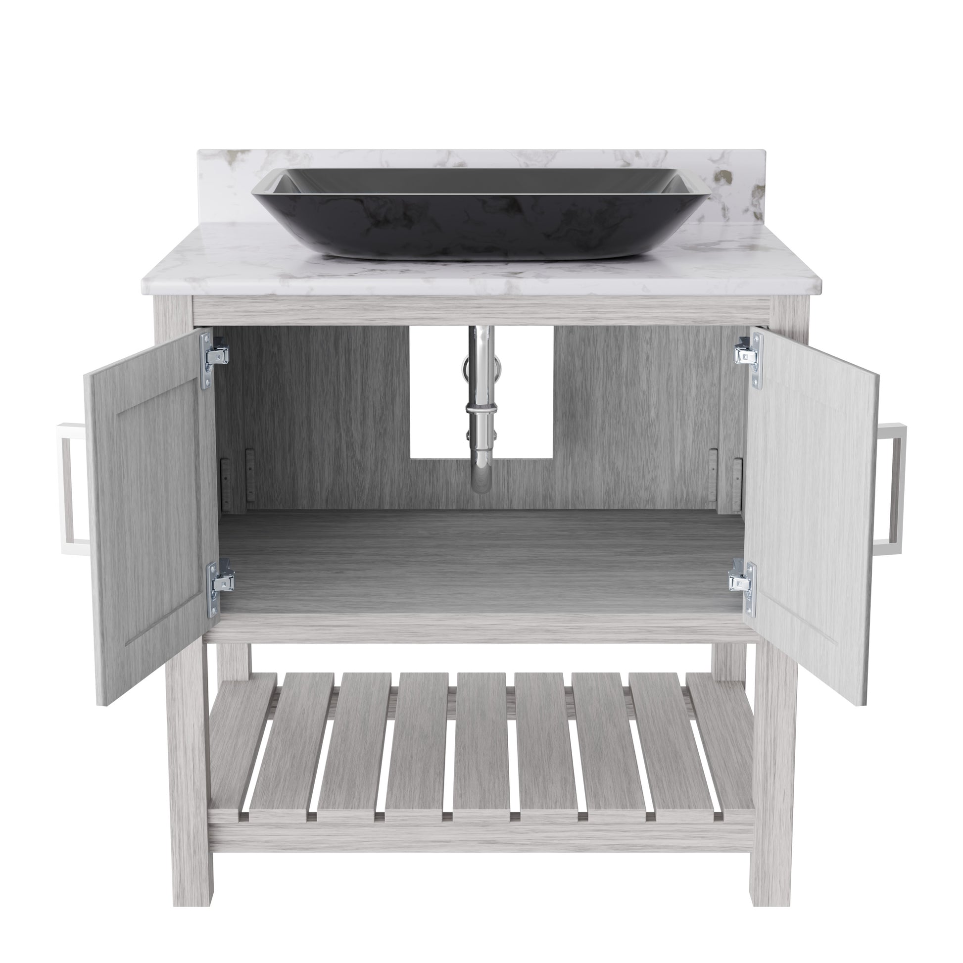 30-inch Novatto bath vanity with café mocha quartz countertop and integrated sink, showcasing modern bathroom accessory design.