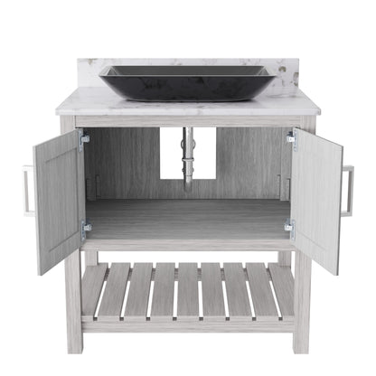 30-inch Novatto bath vanity with café mocha quartz countertop and integrated sink, showcasing modern bathroom accessory design.