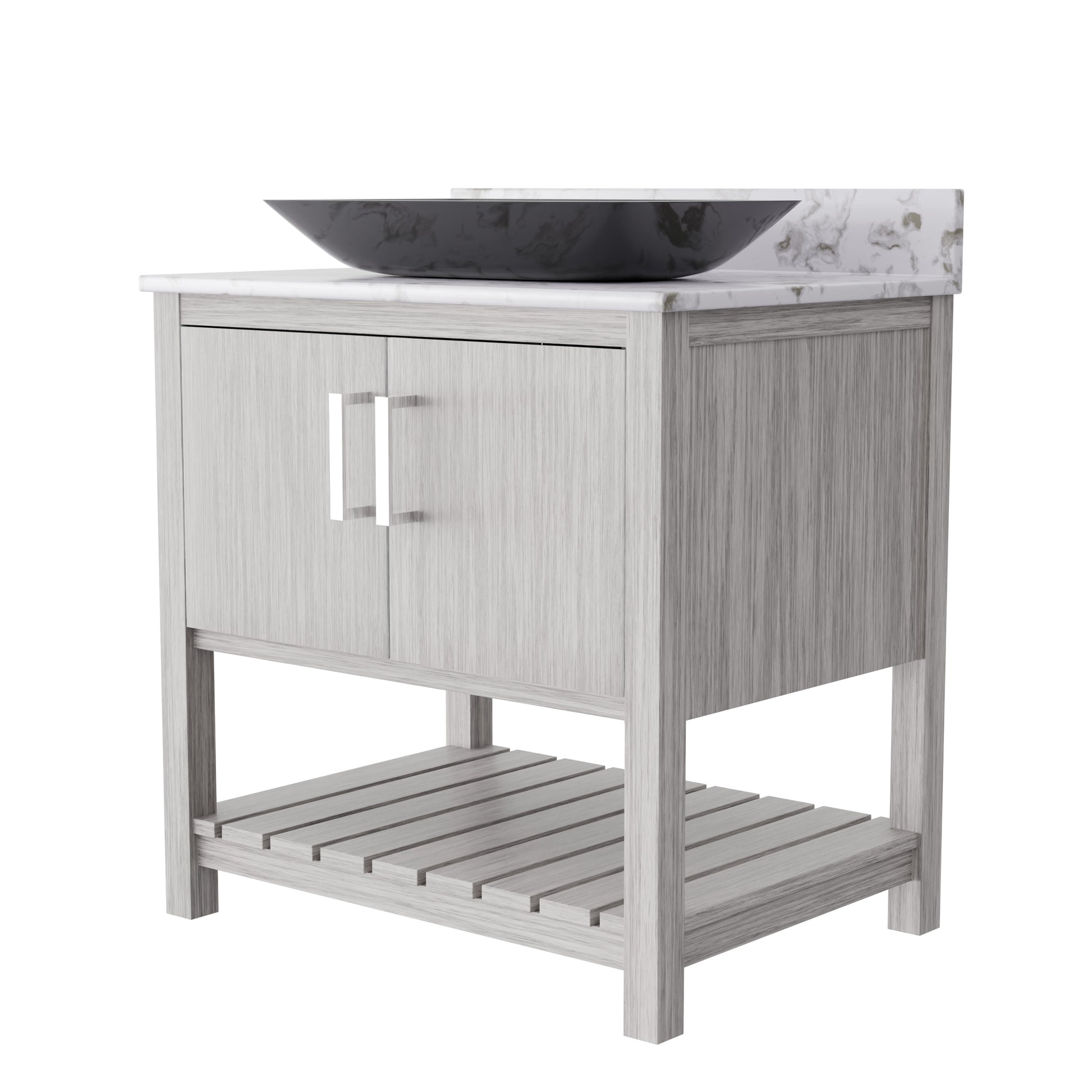 30-inch Novatto bath vanity with café mocha quartz countertop and sink, showcasing sleek bathroom accessory design.