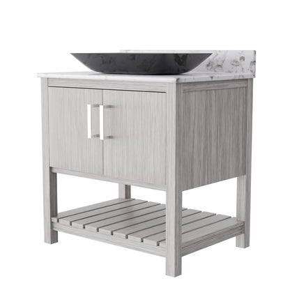 30-inch Novatto bath vanity with café mocha quartz countertop and sink, showcasing sleek bathroom accessory design.