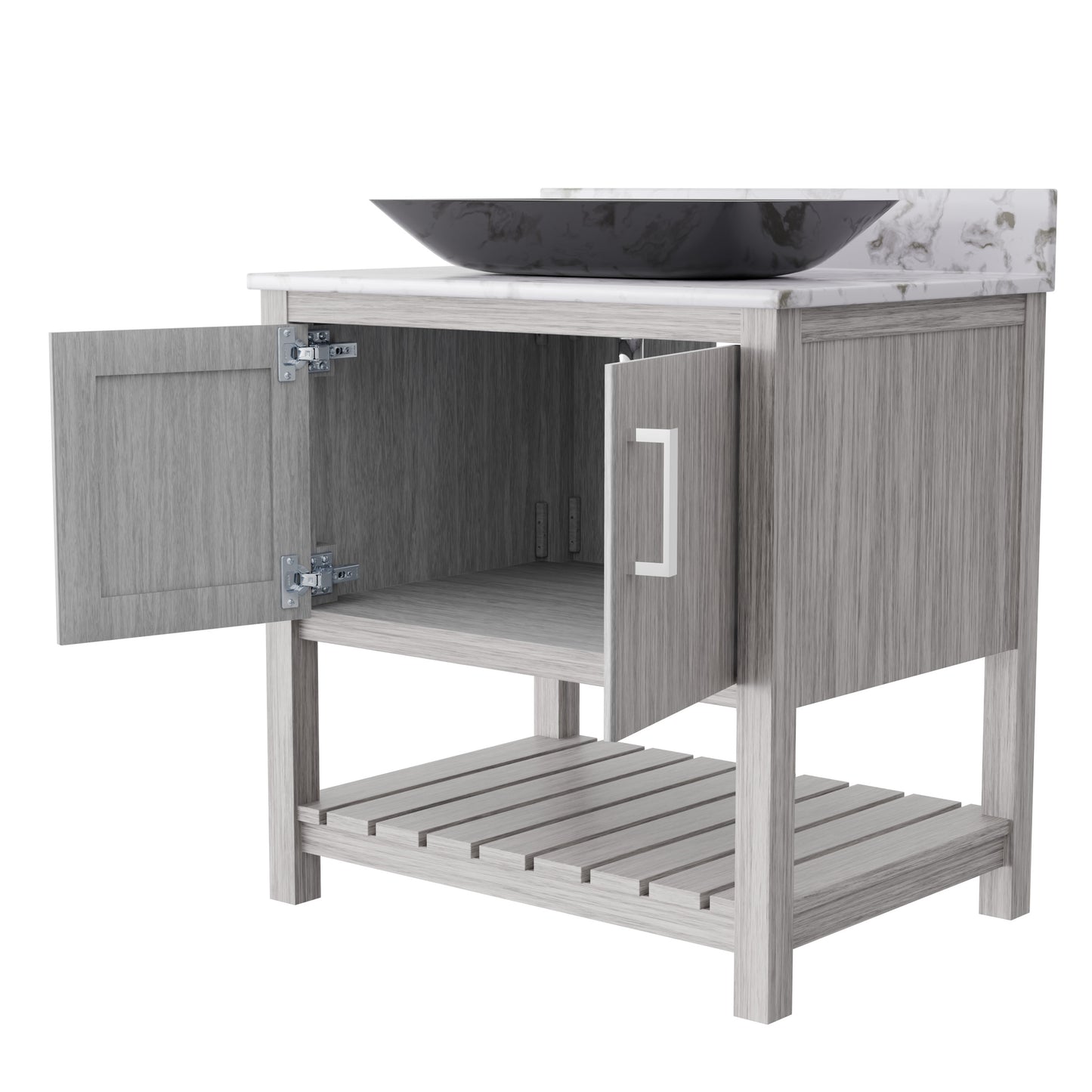 30-inch Novatto bath vanity with café mocha quartz counter and integrated sink, modern bathroom accessory with sleek design.