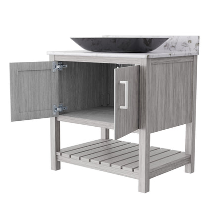 30-inch Novatto bath vanity with café mocha quartz counter and integrated sink, modern bathroom accessory with sleek design.