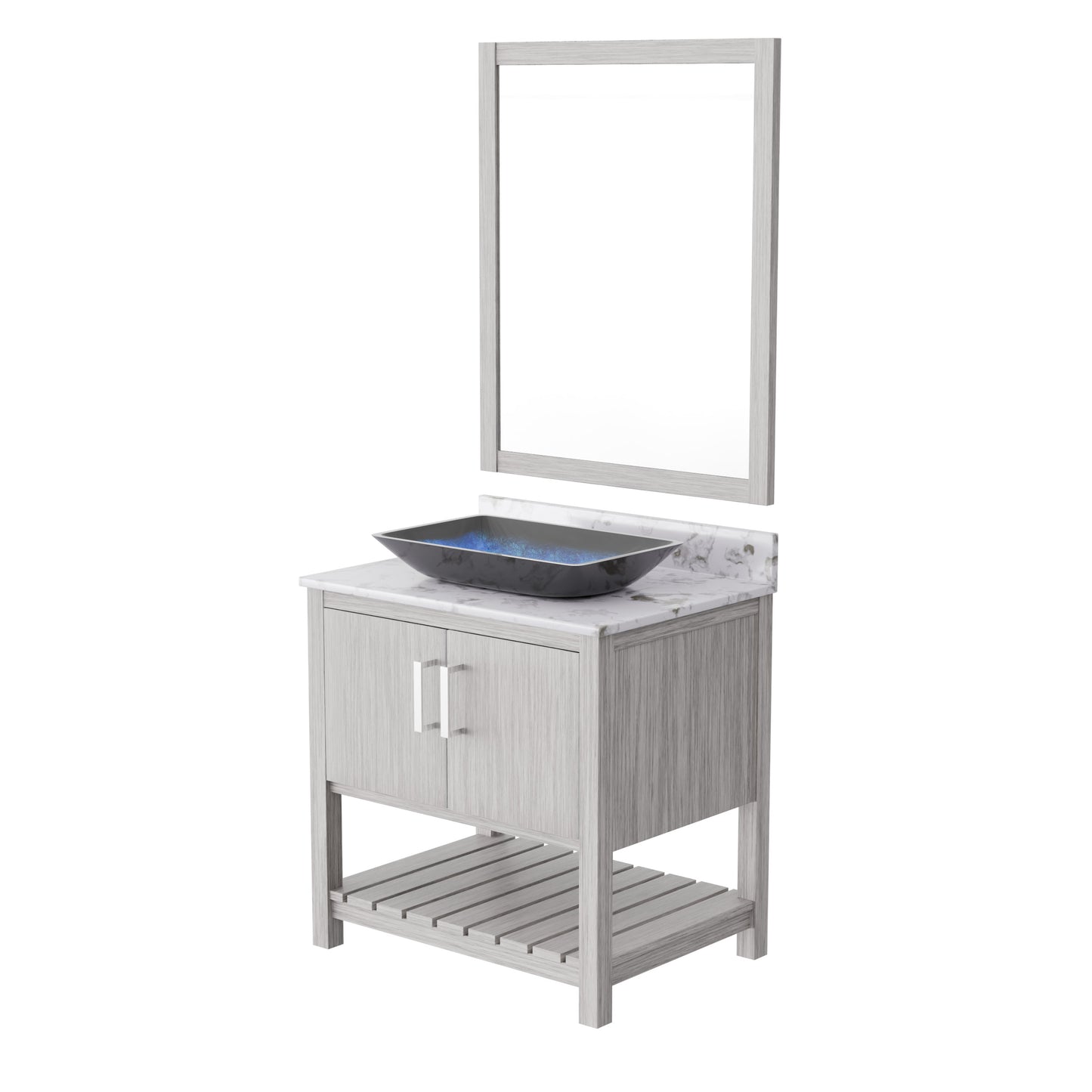30-inch Novatto bath vanity with café mocha quartz countertop and sink, featuring a modern bathroom accessory design.