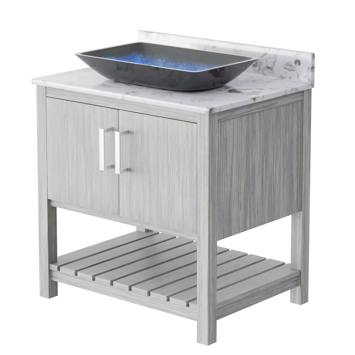 30-inch Novatto bath vanity with café mocha quartz counter and sink, showcasing a sleek bathroom accessory.
