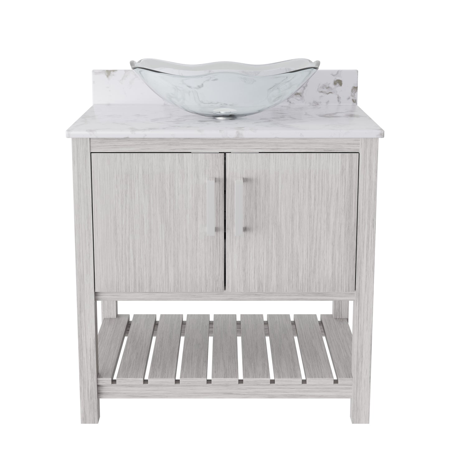 30-inch Novatto bath vanity with café mocha quartz countertop and integrated sink, showcasing elegant bathroom accessory design
