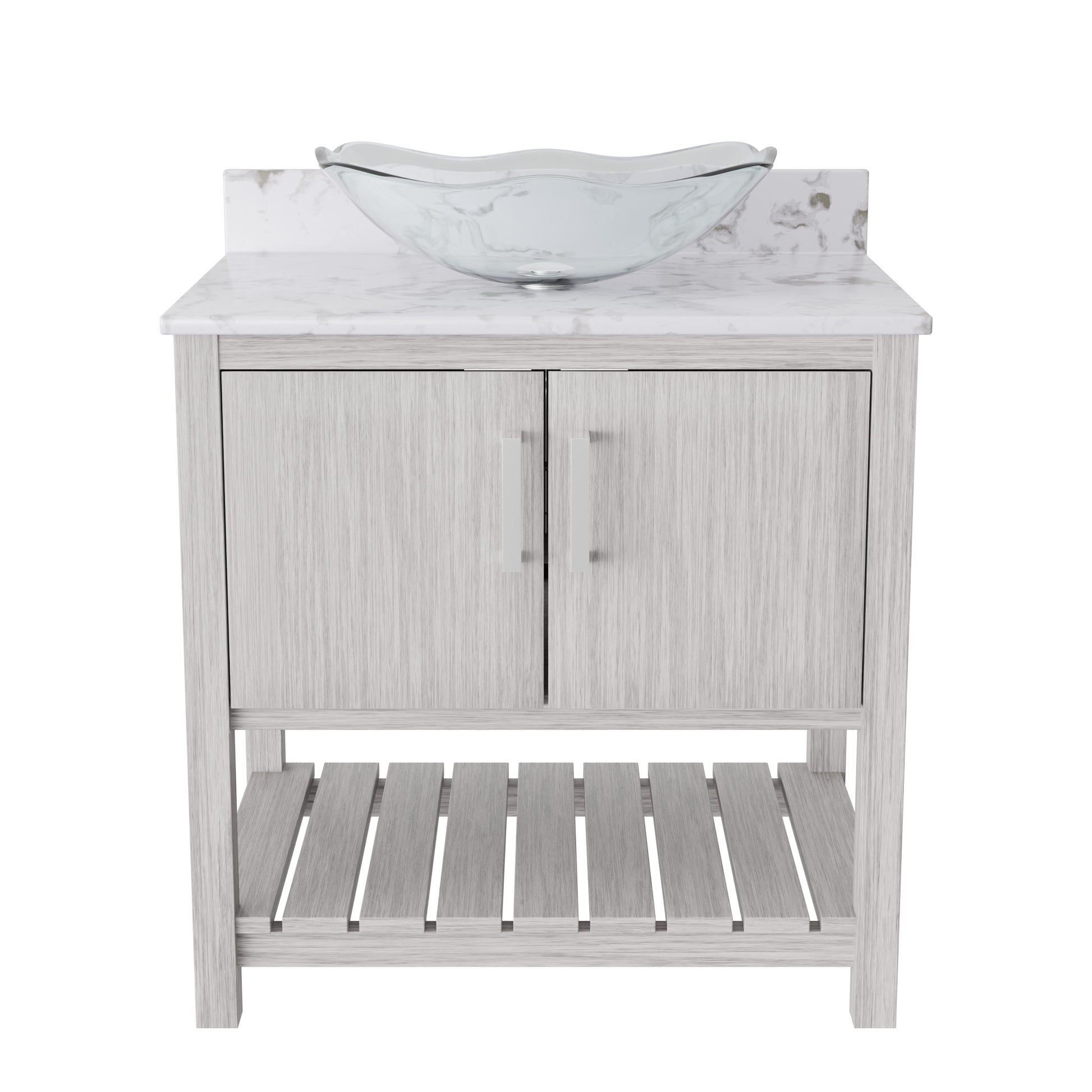 30-inch Novatto bath vanity with café mocha quartz countertop and integrated sink, showcasing elegant bathroom accessory design