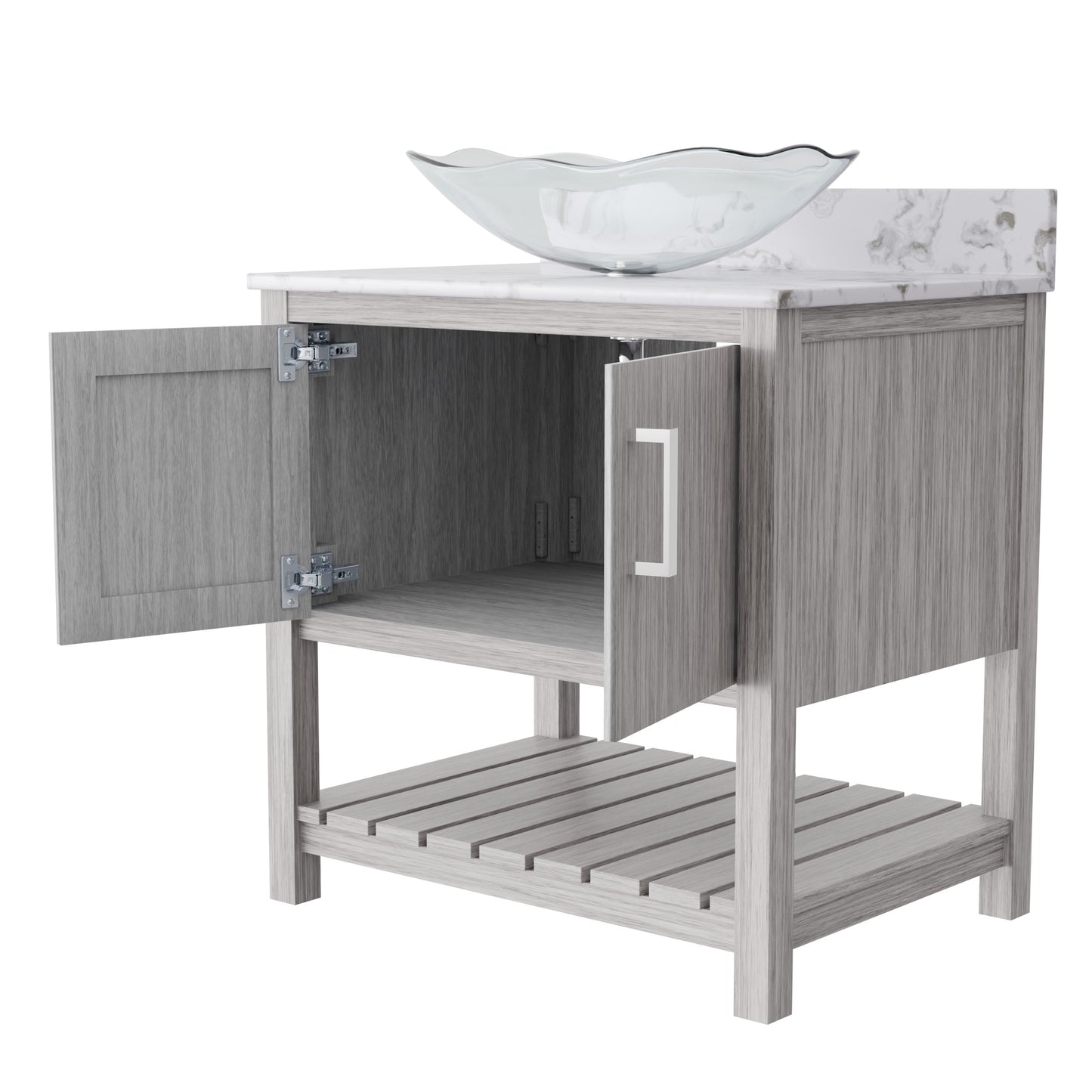 30-inch Novatto bath vanity with café mocha quartz countertop and integrated sink, showcasing sleek bathroom accessory design