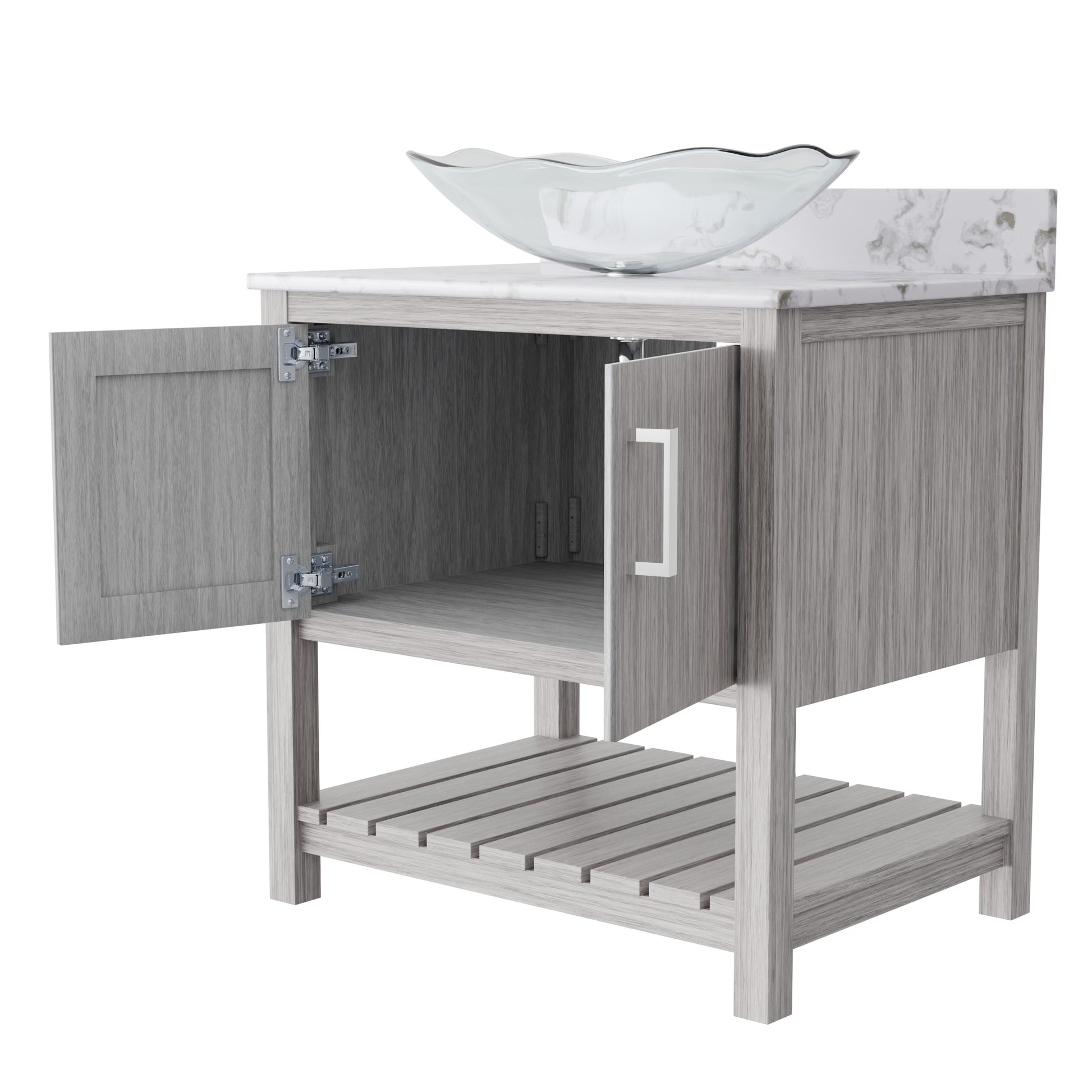 30-inch Novatto bath vanity with café mocha quartz countertop and integrated sink, showcasing sleek bathroom accessory design