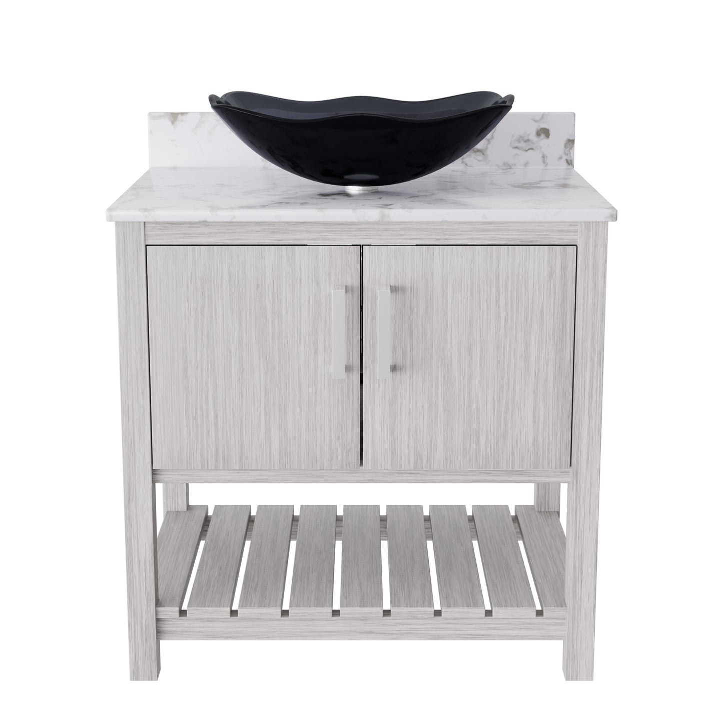 30-inch Novatto bath vanity with café mocha quartz countertop and integrated sink, modern bathroom accessory.