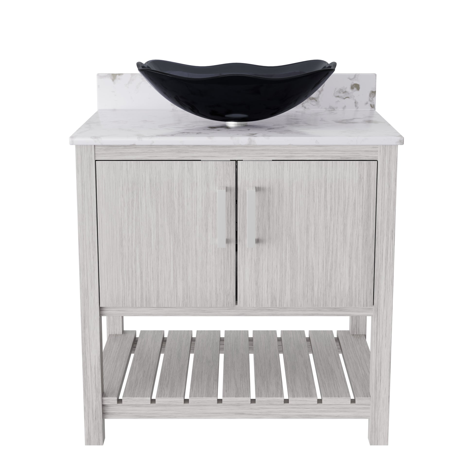 30-inch Novatto bath vanity with café mocha quartz countertop and integrated sink, modern bathroom accessory.