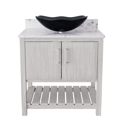 30-inch Novatto bath vanity with café mocha quartz countertop and integrated sink, modern bathroom accessory.