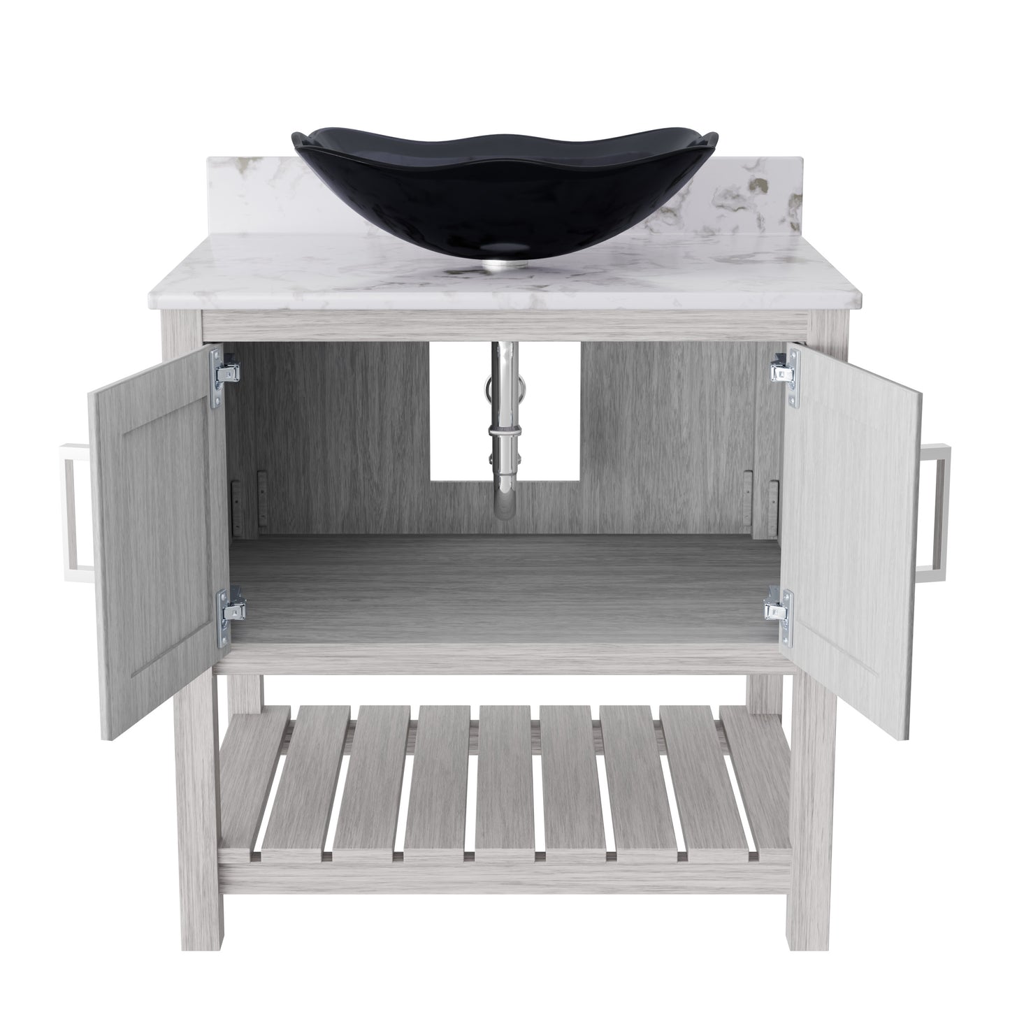 Novatto 30-inch bath vanity with café mocha quartz counter and integrated sink, shown with modern bathroom decor.