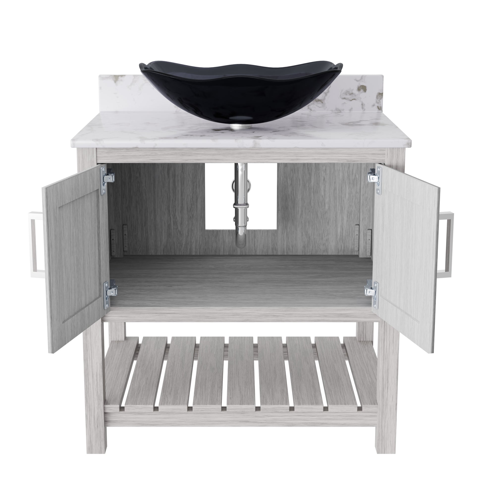 Novatto 30-inch bath vanity with café mocha quartz counter and integrated sink, shown with modern bathroom decor.