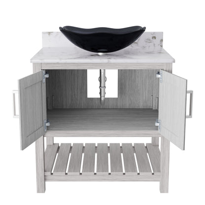 Novatto 30-inch bath vanity with café mocha quartz counter and integrated sink, shown with modern bathroom decor.