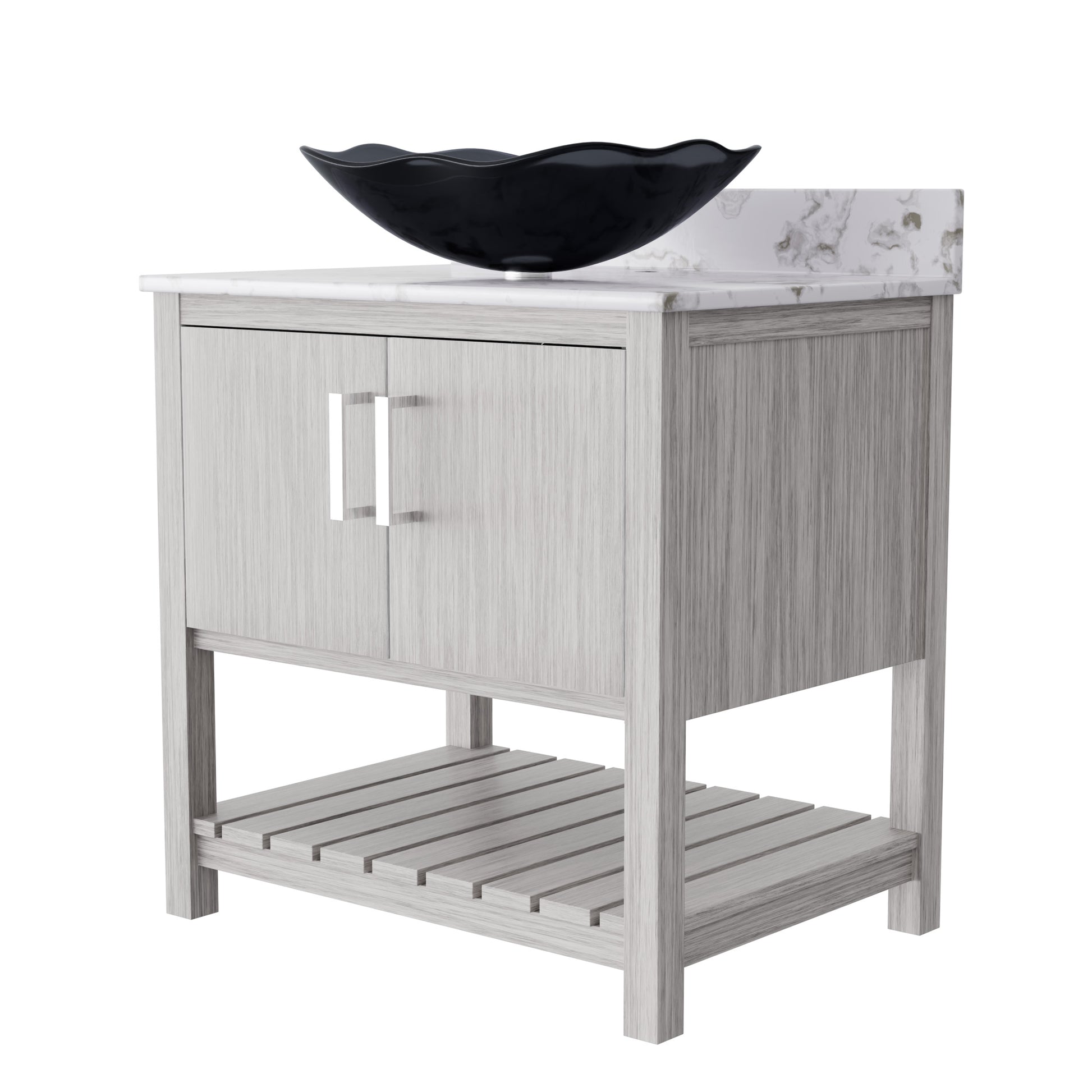 30-inch Novatto bath vanity with café mocha quartz countertop and sink, featuring modern bathroom accessory design.