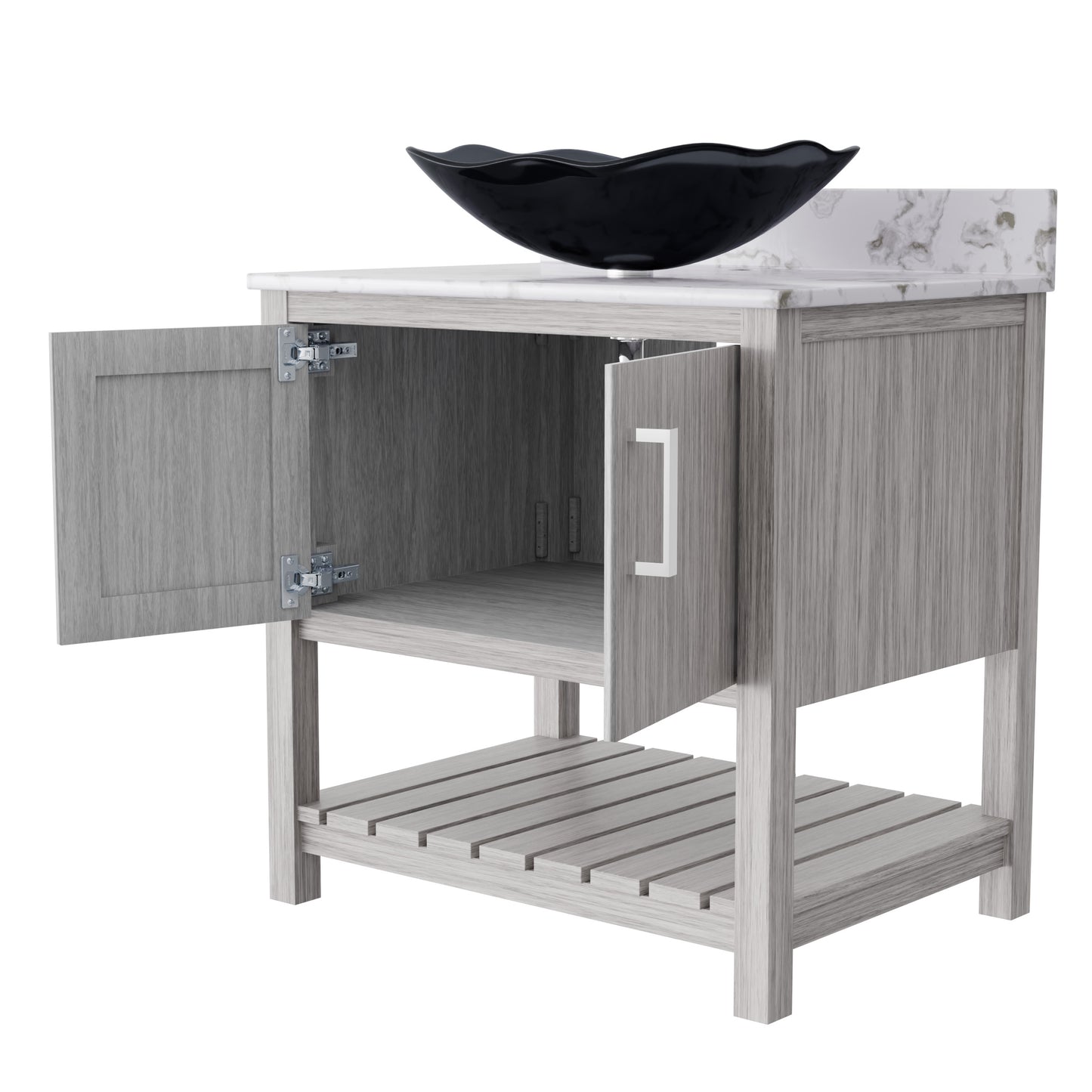30-inch Novatto bath vanity with café mocha quartz countertop and integrated sink, showcasing sleek bathroom accessory design.