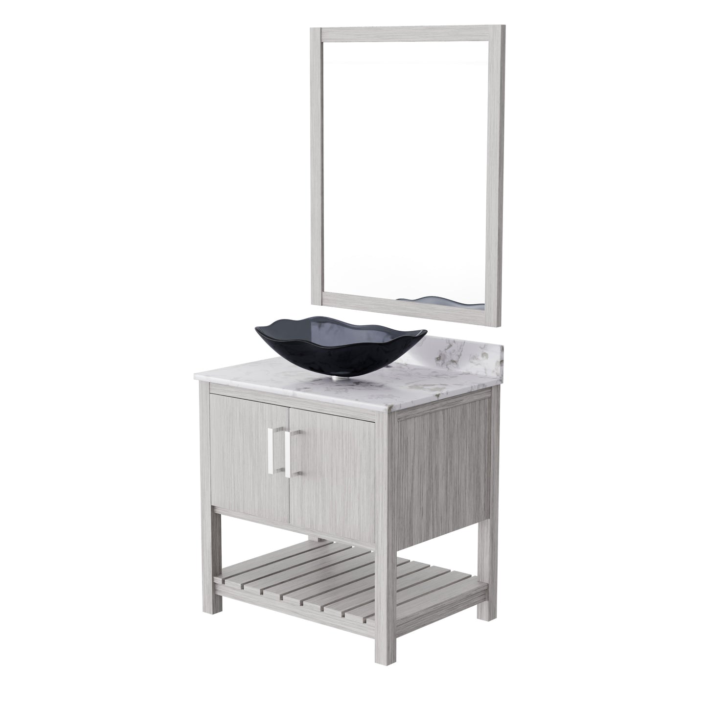 30-inch Novatto bath vanity with café mocha quartz countertop and integrated sink, showcasing the elegant bathroom accessory.