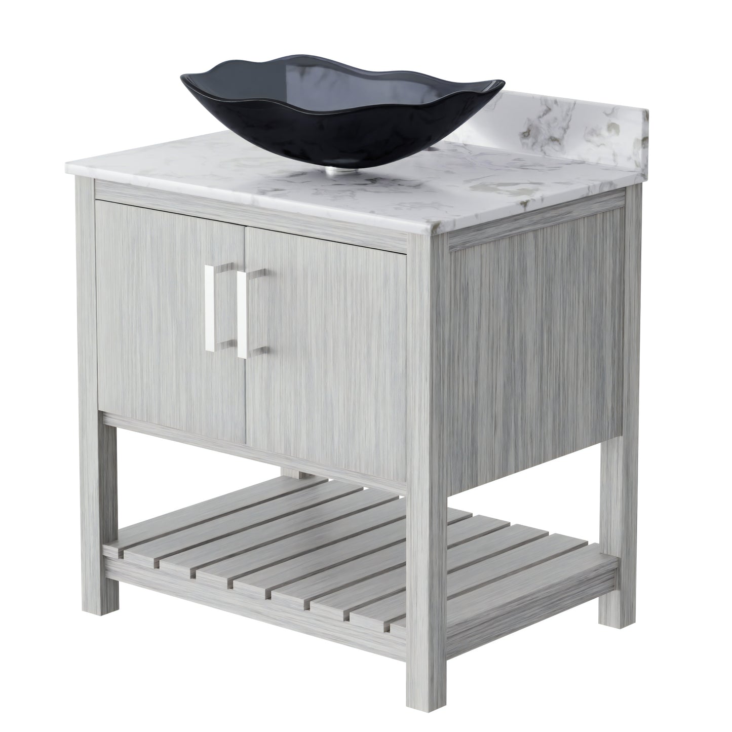 30-inch Novatto bath vanity with café mocha quartz countertop and integrated sink, showcasing modern bathroom accessory design.