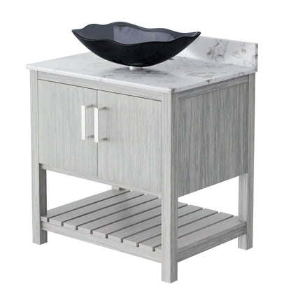 30-inch Novatto bath vanity with café mocha quartz countertop and integrated sink, showcasing modern bathroom accessory design.