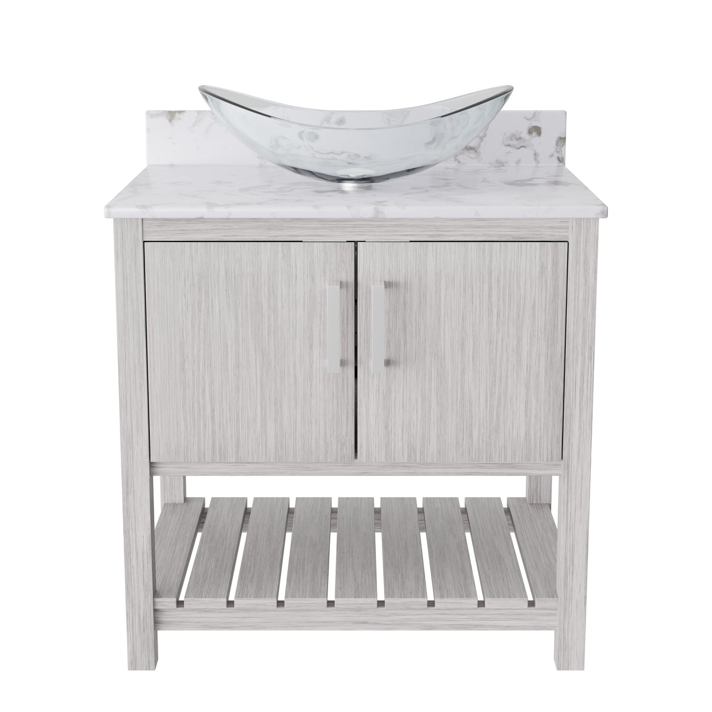 Novatto 30-inch bath vanity with Café Mocha quartz countertop and sink, showcasing modern bathroom accessory design.